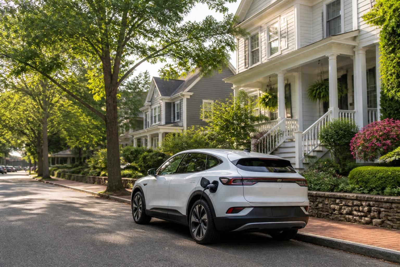 Electric vehicle parked near well-kept homes in Beverly.