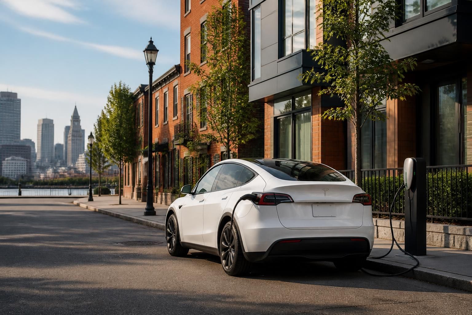 Electric vehicle parked on a calm Boston city street.