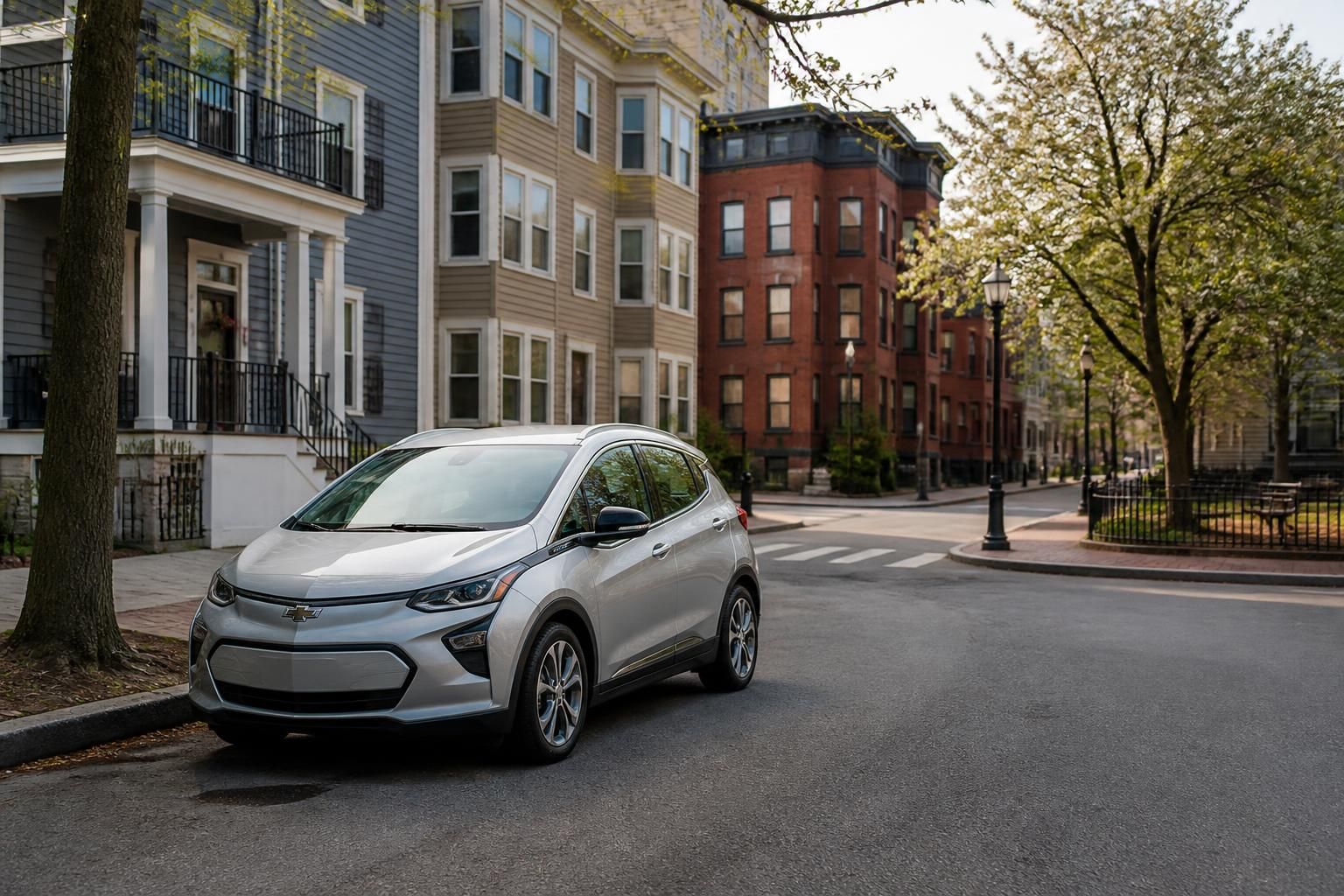 Electric vehicle parked on a calm street corner in Chelsea.