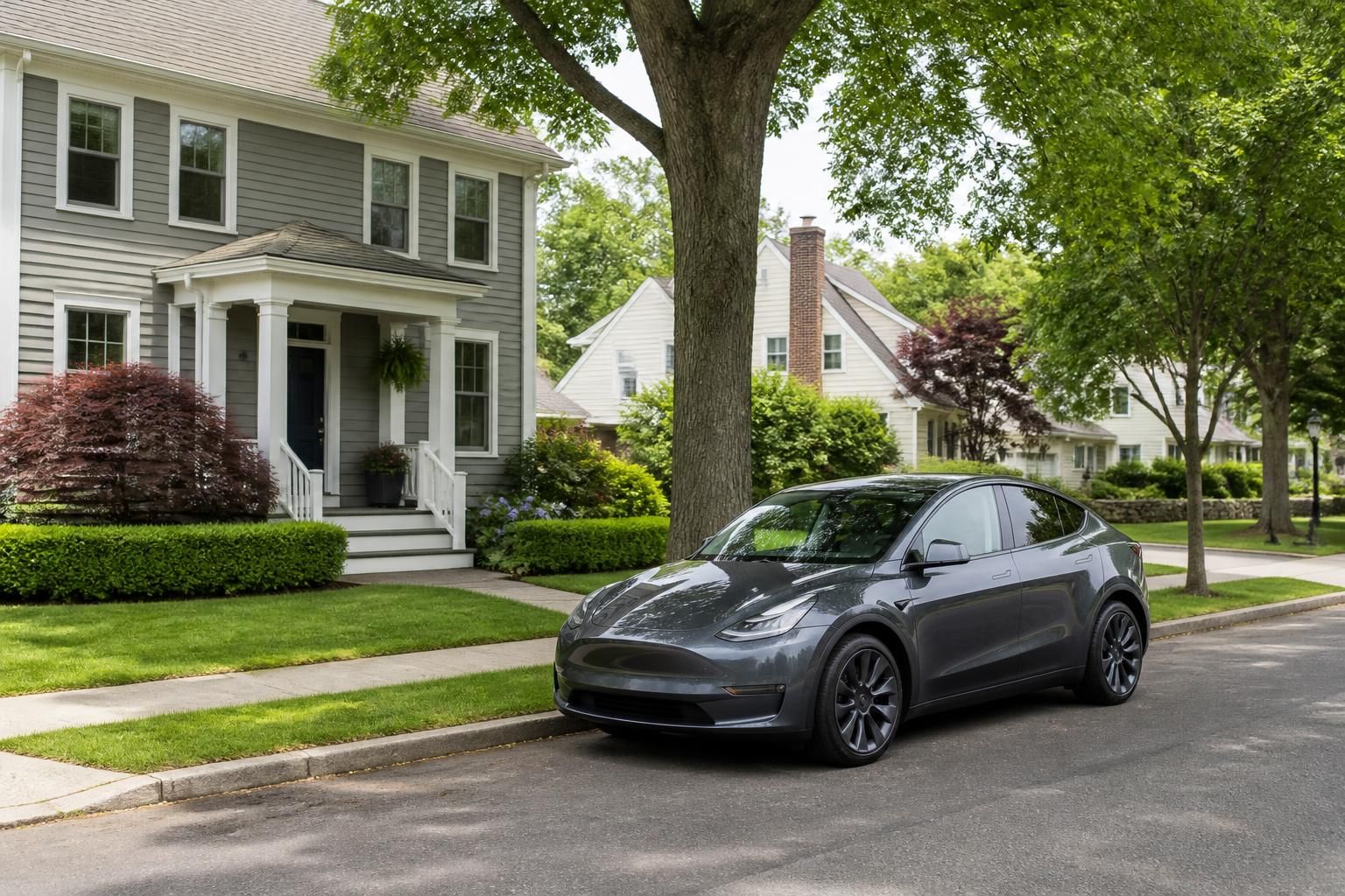 Electric vehicle parked near a tidy home in Danvers.