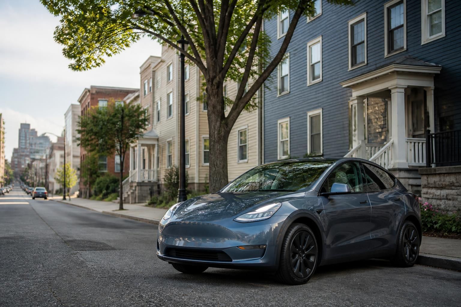 Electric vehicle parked on a calm city street in Lynn.