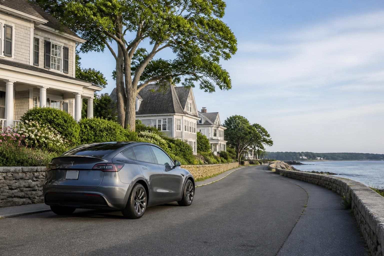 Electric vehicle parked along a coastal road in Marblehead Neck.