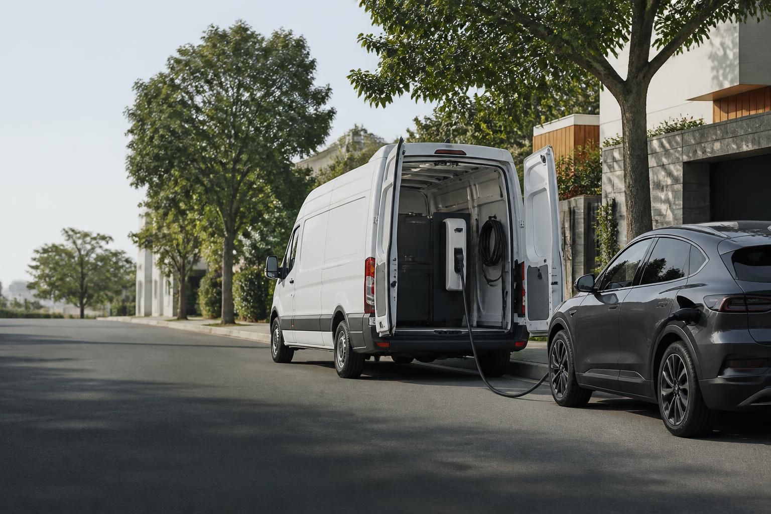 Mobile EV charging van parked beside an electric car on a quiet street.