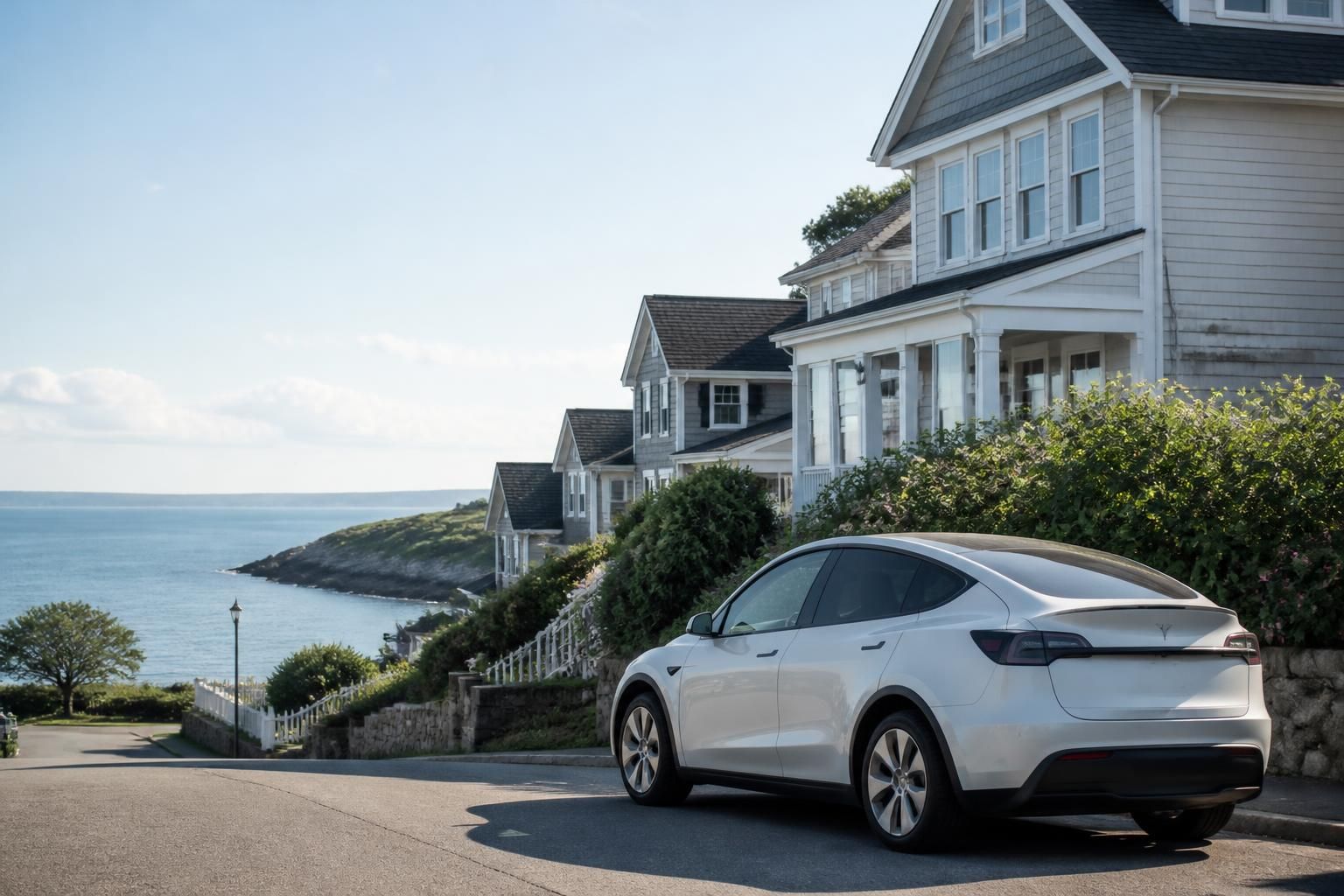 Electric vehicle parked on a quiet seaside street in Nahant.