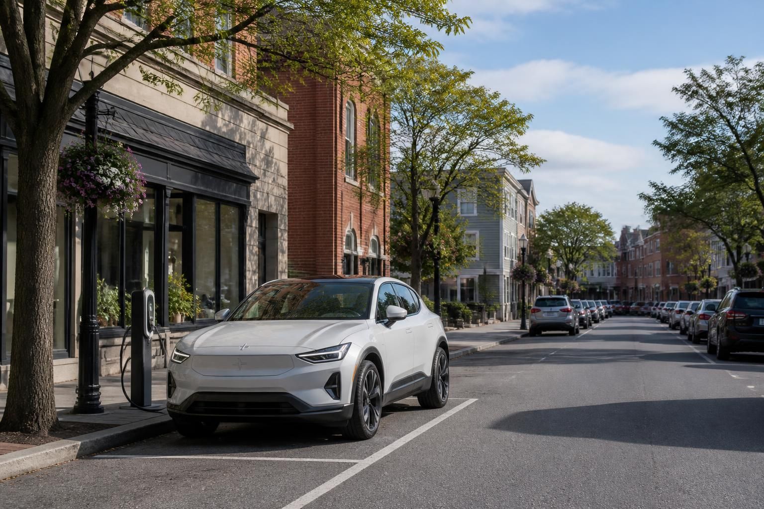 Electric vehicle parked in a calm Peabody streetscape.