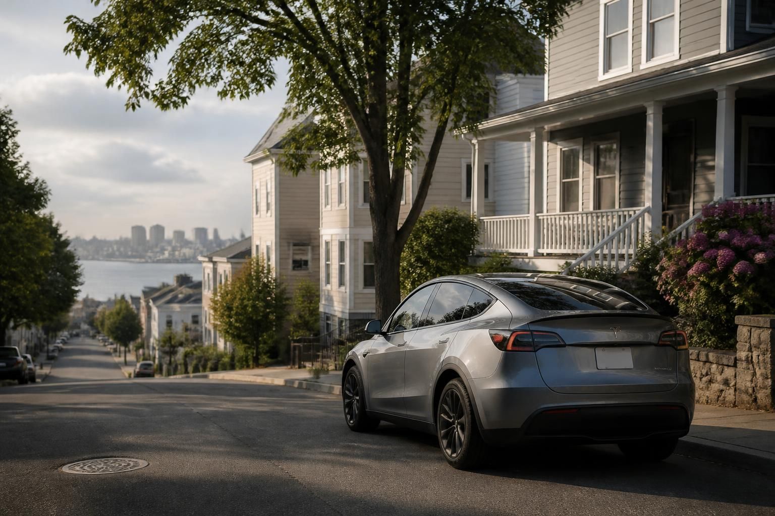 Electric vehicle parked on a quiet residential street in Revere.