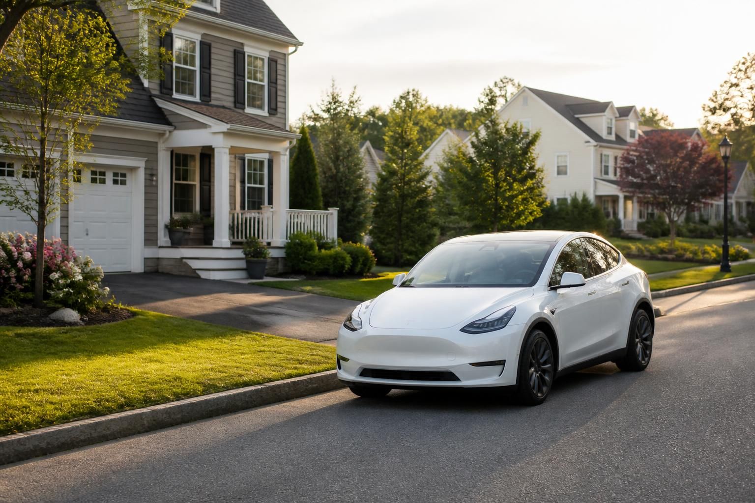 Electric vehicle parked near a quiet suburban driveway in Saugus.