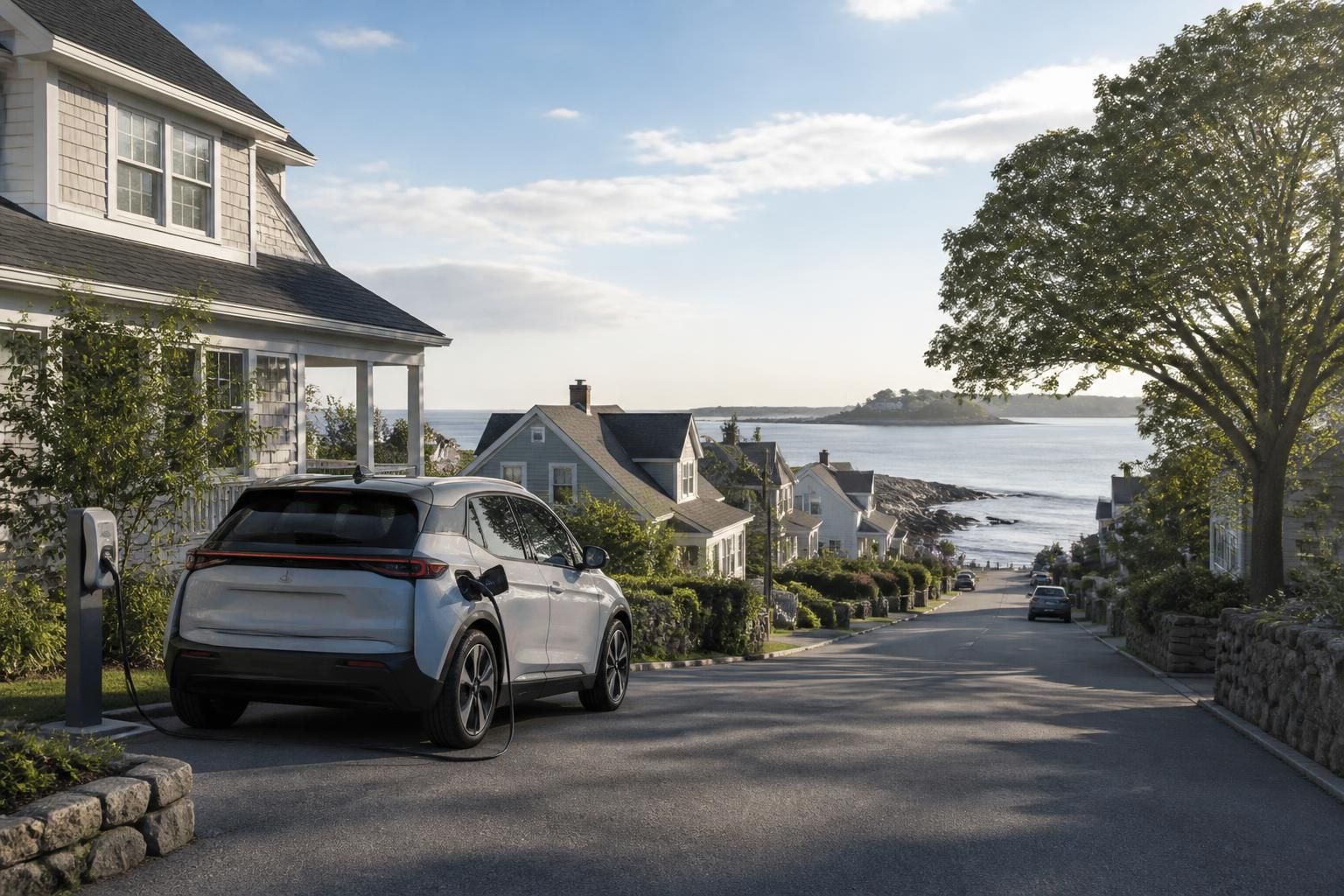 Electric vehicle near a quiet coastal street in Swampscott.